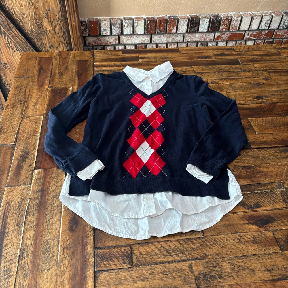 Tommy Hilfiger Navy and Red Argyle Sweatshirt with White Layer
